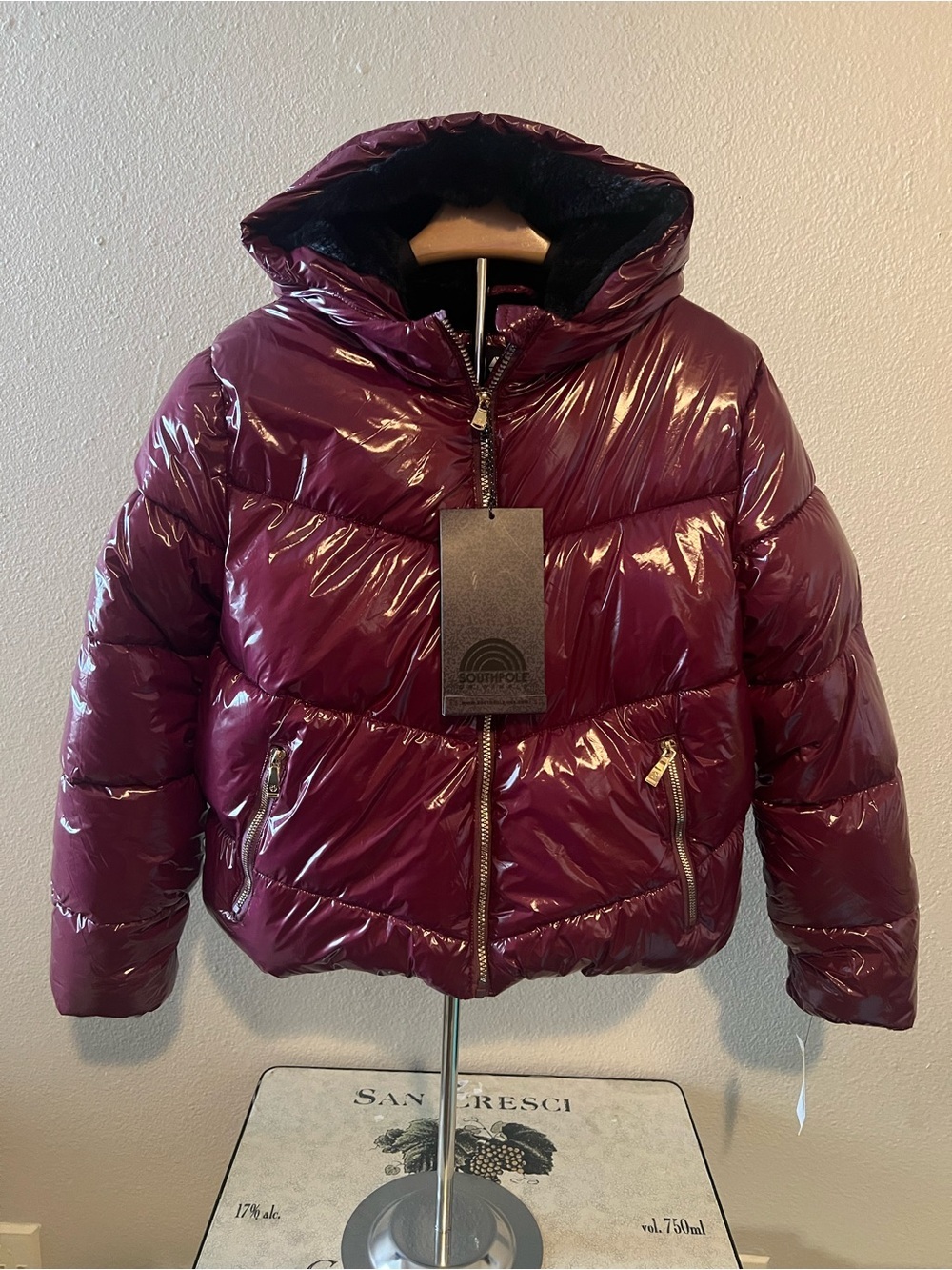 Southpole Women's NylonPuffer Jacket, In Burgundy/Gold. Zip, Faux Fur Inside